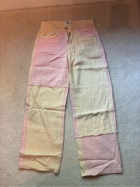 Princess Polly Pastel Pink and Yellow Patchwork Wide Leg Jeans